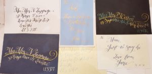 Layout of cards and envelopes with calligraphy